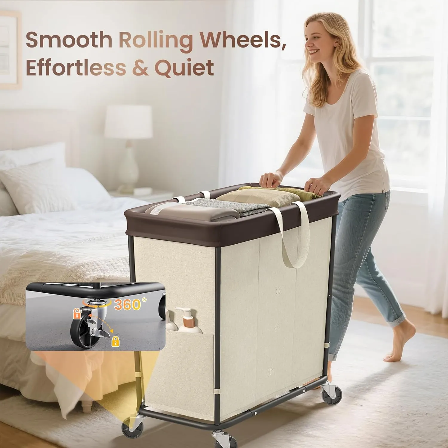 320L Laundry Basket with Wheels, 3-Section Rolling Hamper for Laundry, Extra Large Laundry Hamper with Wheels, Clothes Hamper Rolling Laundry Basket for Home, Bathrooms and Dorm(Beige)