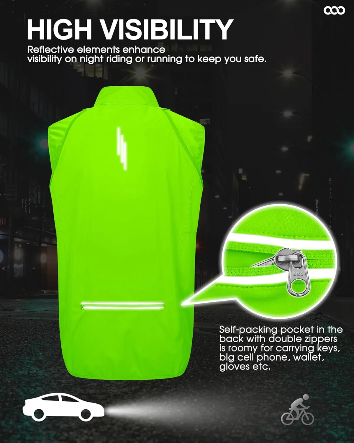 33,000ft Men's Cycling Jacket Long Sleeve, Waterproof Running Bike Vest Outerwear Reflective Windproof Sleeveless Jacket
