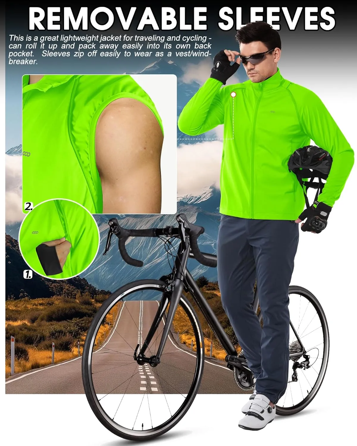 33,000ft Men's Cycling Jacket Long Sleeve, Waterproof Running Bike Vest Outerwear Reflective Windproof Sleeveless Jacket