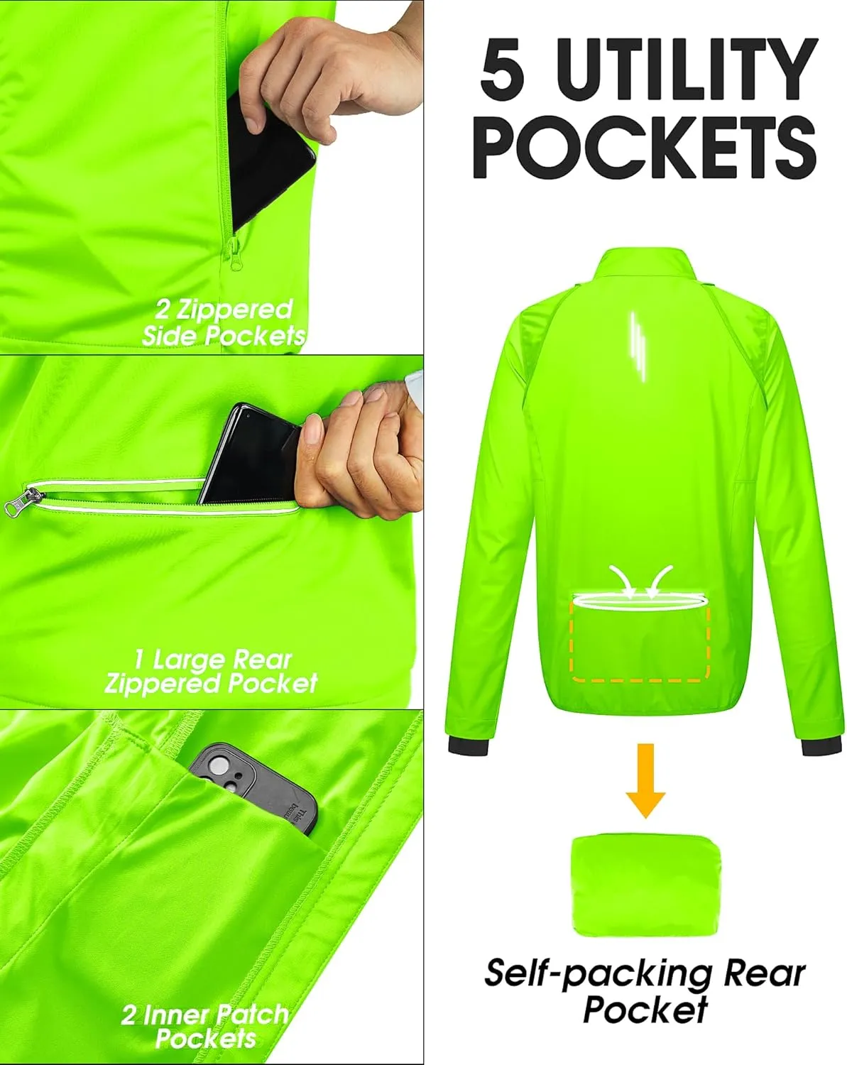 33,000ft Men's Cycling Jacket Long Sleeve, Waterproof Running Bike Vest Outerwear Reflective Windproof Sleeveless Jacket