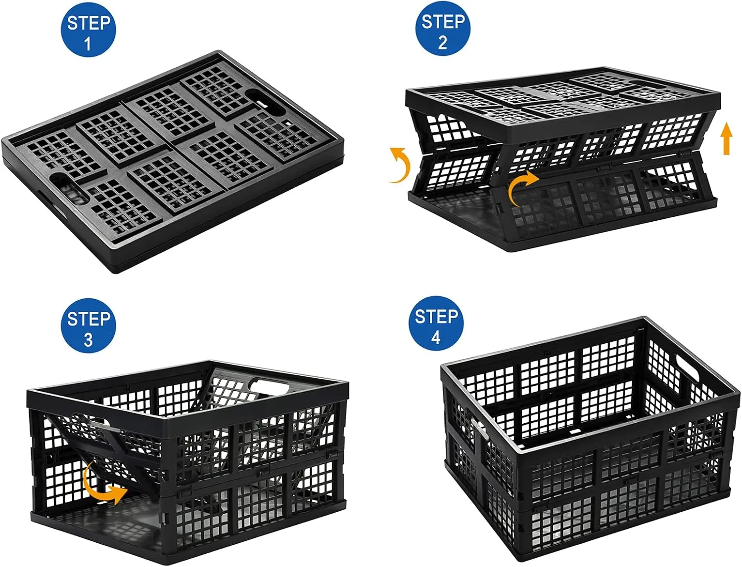 34L Large Plastic Folding Storage Crates,Collapsible Crates for Storage,Pack of 3 (Black)