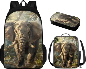 3d Cool Elephant Print Grils Bookbag With Lunch Box Dirt-resistant Lightweight School Backpack for Girls 8-16 Keep Warm Grease Proofing Lunch Bag for Kids Fit Middle School High School