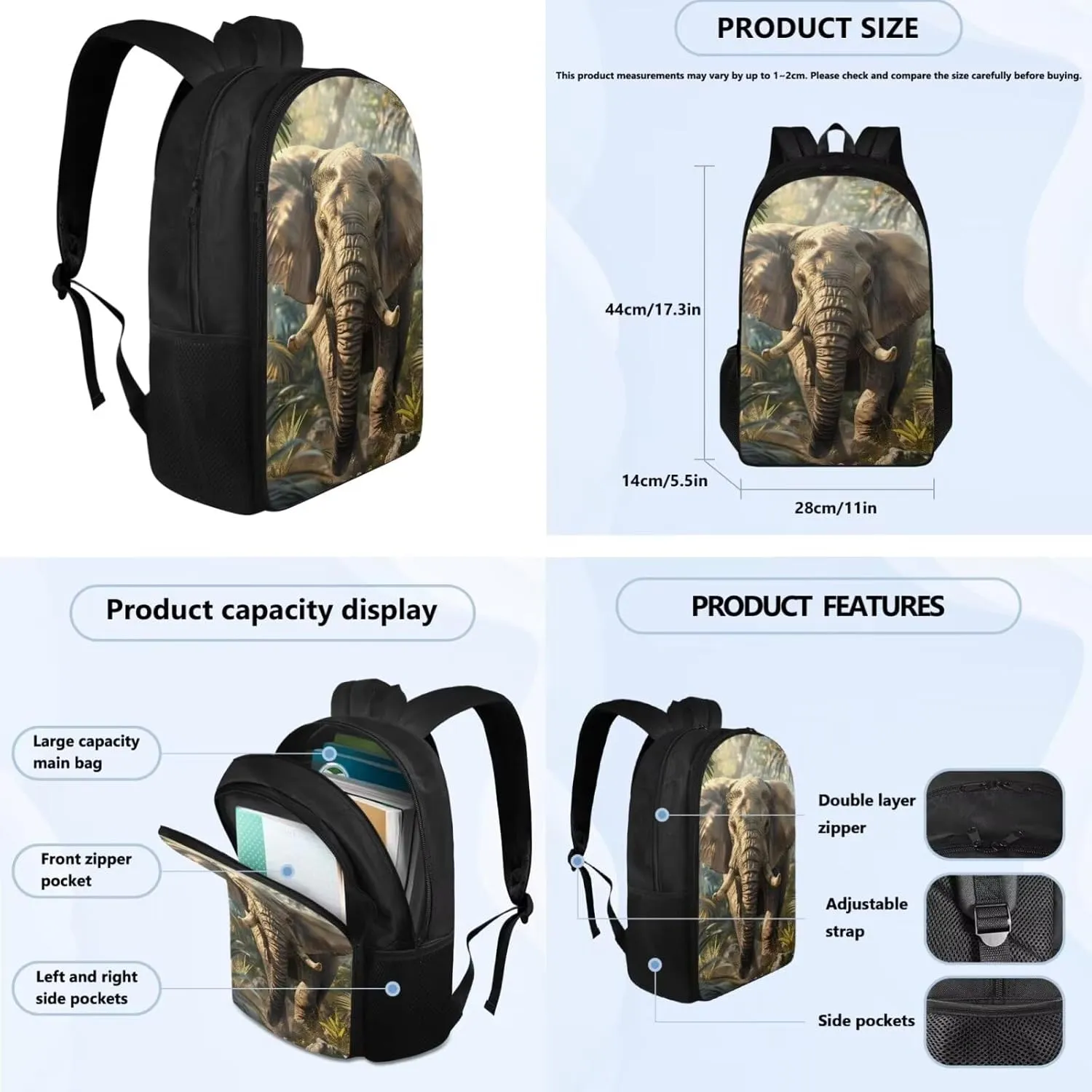 3d Cool Elephant Print Grils Bookbag With Lunch Box Dirt-resistant Lightweight School Backpack for Girls 8-16 Keep Warm Grease Proofing Lunch Bag for Kids Fit Middle School High School
