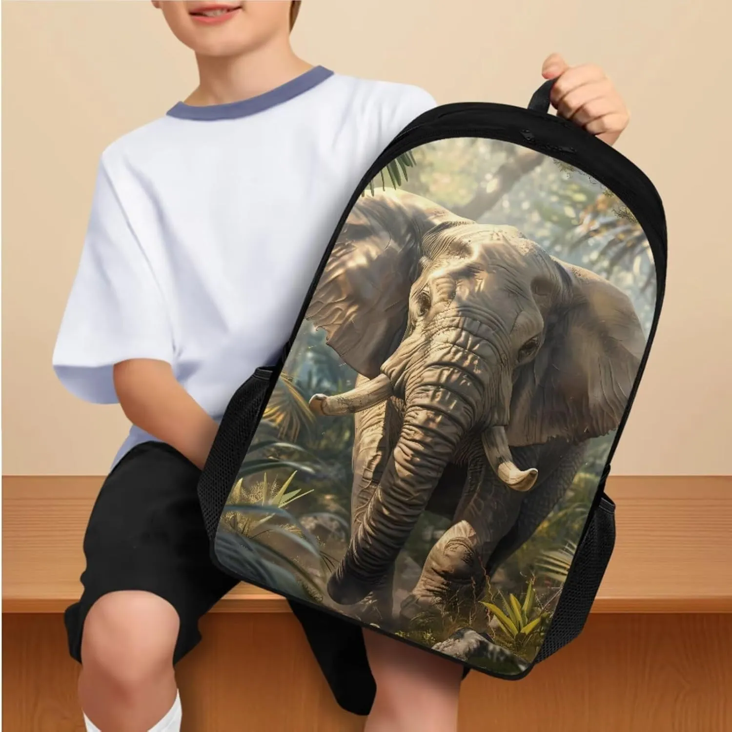 3d Cool Elephant Print Grils Bookbag With Lunch Box Dirt-resistant Lightweight School Backpack for Girls 8-16 Keep Warm Grease Proofing Lunch Bag for Kids Fit Middle School High School