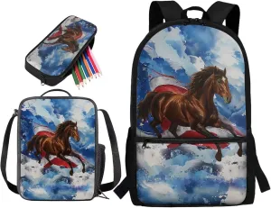 3PCS American Flag Horse School Backpack Set for Boys Girls, 17 Inch Bookbag with Lunch Box Pencil Case, Kids Elementary School Middle School Backpack Set, Blue and Brown