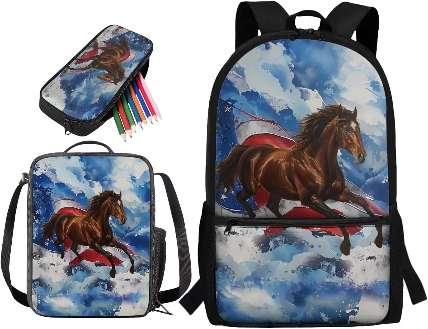 3PCS American Flag Horse School Backpack Set for Boys Girls, 17 Inch Bookbag with Lunch Box Pencil Case, Kids Elementary School Middle School Backpack Set, Blue and Brown