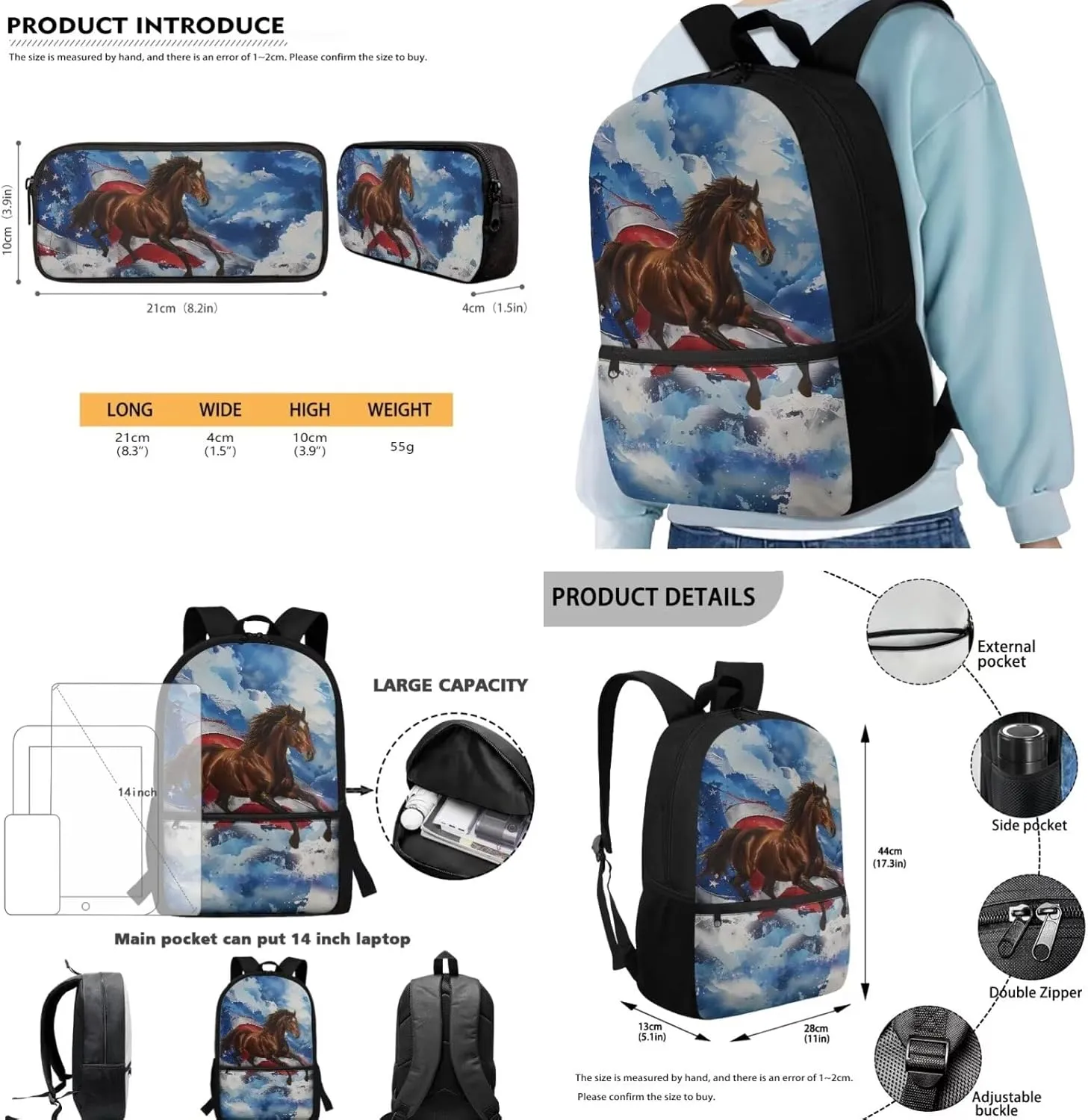 3PCS American Flag Horse School Backpack Set for Boys Girls, 17 Inch Bookbag with Lunch Box Pencil Case, Kids Elementary School Middle School Backpack Set, Blue and Brown