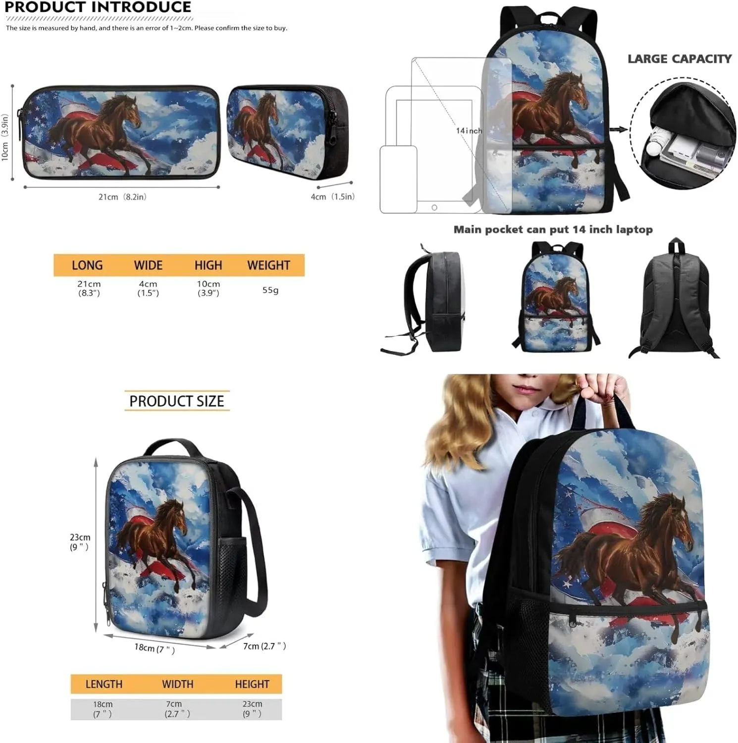 3PCS American Flag Horse School Backpack Set for Boys Girls, 17 Inch Bookbag with Lunch Box Pencil Case, Kids Elementary School Middle School Backpack Set, Blue and Brown