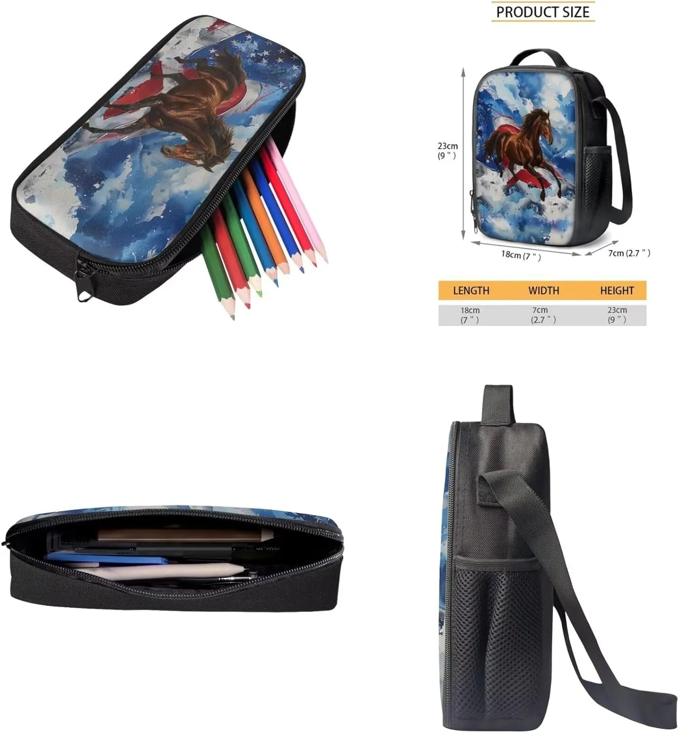 3PCS American Flag Horse School Backpack Set for Boys Girls, 17 Inch Bookbag with Lunch Box Pencil Case, Kids Elementary School Middle School Backpack Set, Blue and Brown