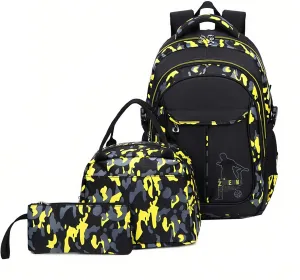 3Pcs Camo Boys Backpack for Kids with Insulated Lunch-Box, Camouflage Backpack Lunchbox Combo for Boys