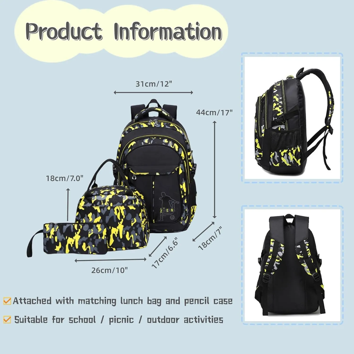 3Pcs Camo Boys Backpack for Kids with Insulated Lunch-Box, Camouflage Backpack Lunchbox Combo for Boys