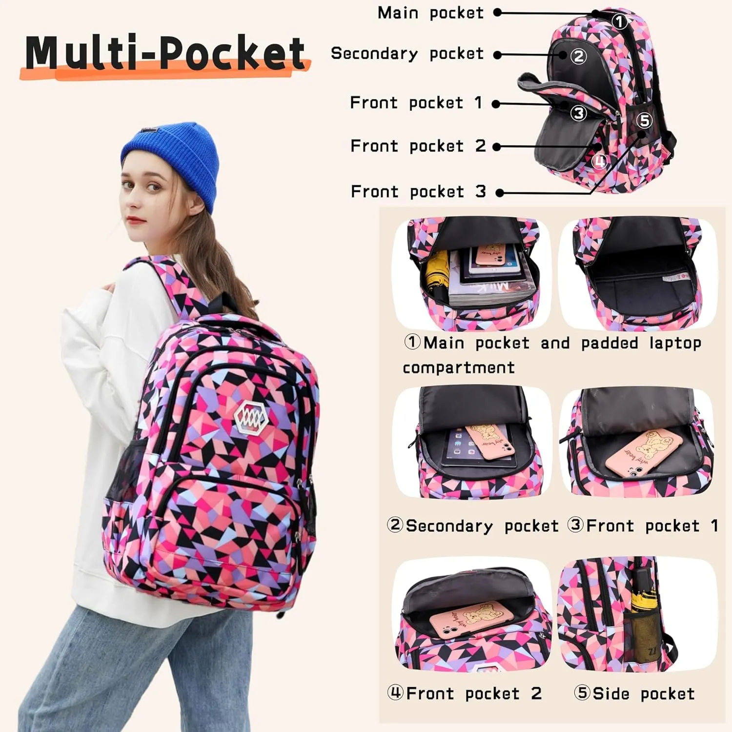 3Pcs Geometric Print Boys Backpack and Lunchbox Set for School Kids, Capacity School Backpack for Boys Elementary Middle School