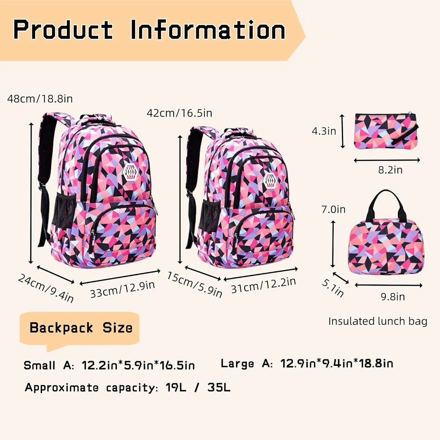 3Pcs Geometric Print Boys Backpack and Lunchbox Set for School Kids, Capacity School Backpack for Boys Elementary Middle School