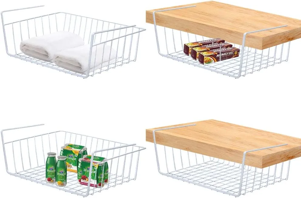 4 Pack Under Shelf Basket, Dveda Durable Metal Wire Rack Hanging Shelf Storage Basket, Under Cabinet Organizer Shelf for Kitchen/Pantry/Bathroom/Desk - Slide Arms Height:1.45 in(White)