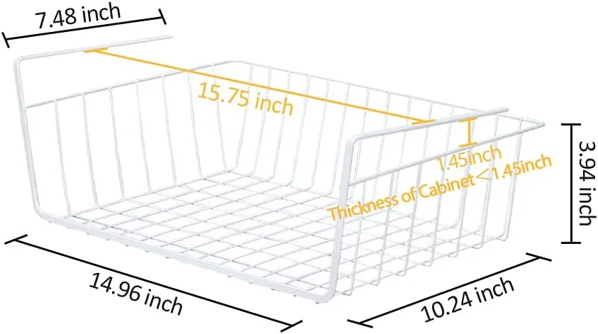 4 Pack Under Shelf Basket, Dveda Durable Metal Wire Rack Hanging Shelf Storage Basket, Under Cabinet Organizer Shelf for Kitchen/Pantry/Bathroom/Desk - Slide Arms Height:1.45 in(White)