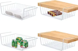 4 Pack Under Shelf Basket, Dveda Durable Metal Wire Rack Hanging Shelf Storage Basket, Under Cabinet Organizer Shelf for Kitchen/Pantry/Bathroom/Desk - Slide Arms Height:1.45 in(White)