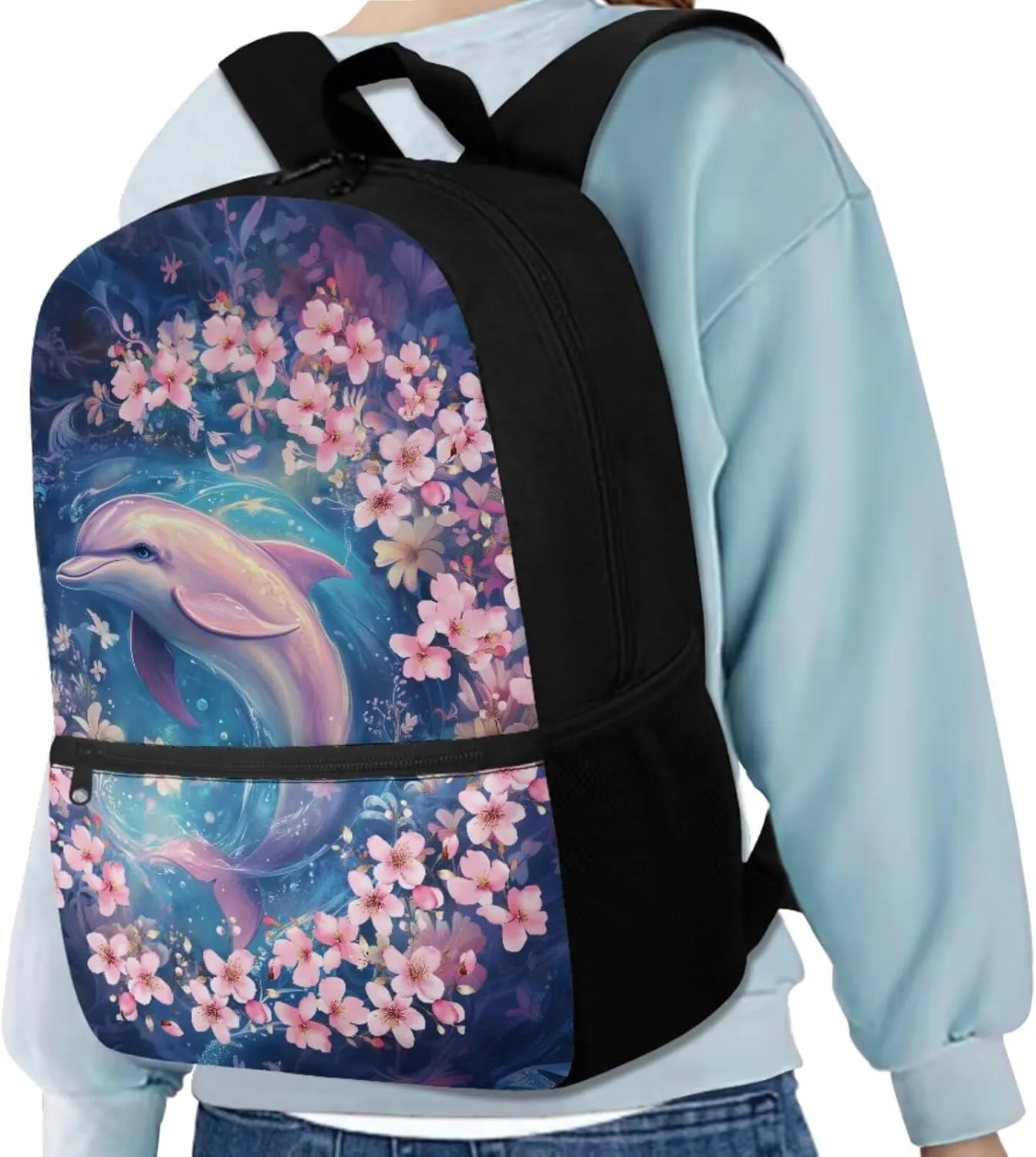 4 Pcs Backpack and Lunch Bag Set for Girls Pink Dolphin Backpack with Front Pocket Elementary Bookbag 6Th Grade Student Funny Back to School Gift with Pencil Case and Water Bottle Sleeve