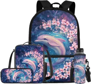 4 Pcs Backpack and Lunch Bag Set for Girls Pink Dolphin Backpack with Front Pocket Elementary Bookbag 6Th Grade Student Funny Back to School Gift with Pencil Case and Water Bottle Sleeve
