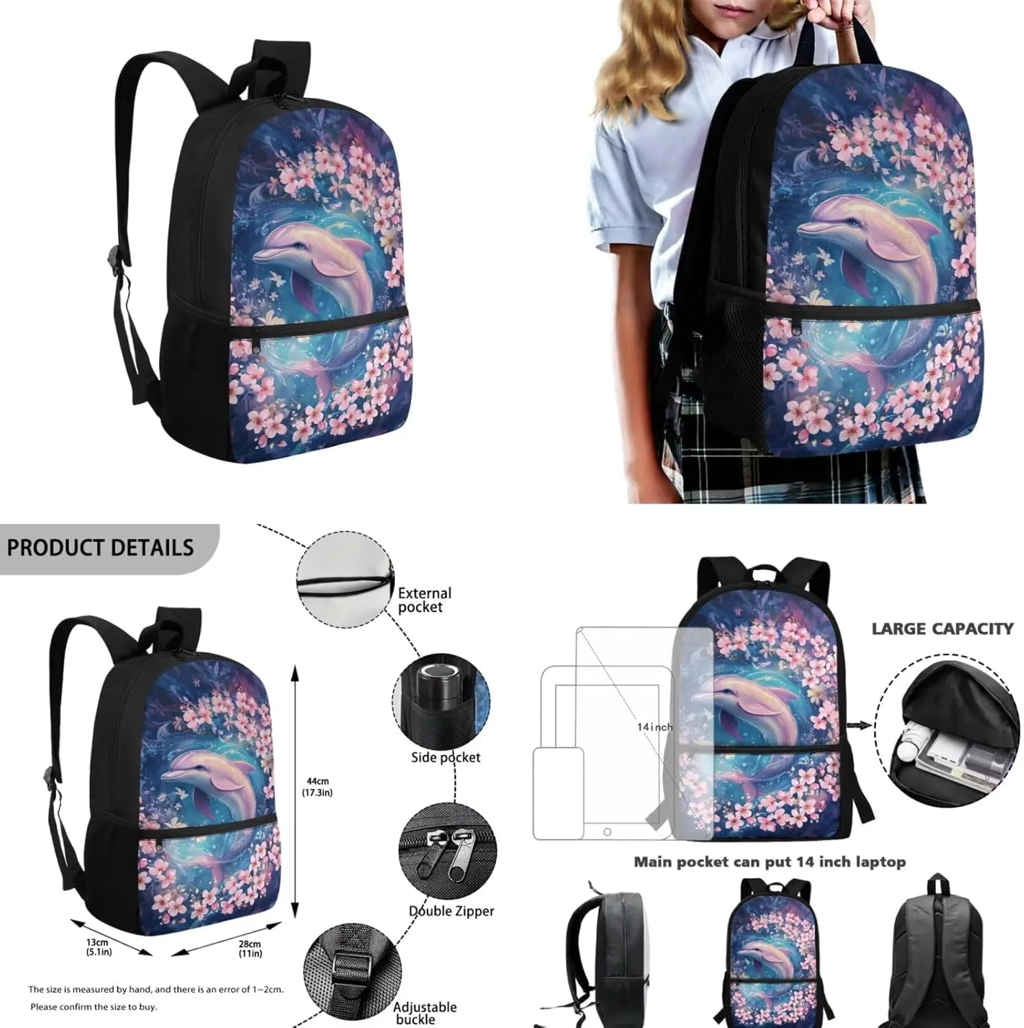 4 Pcs Backpack and Lunch Bag Set for Girls Pink Dolphin Backpack with Front Pocket Elementary Bookbag 6Th Grade Student Funny Back to School Gift with Pencil Case and Water Bottle Sleeve