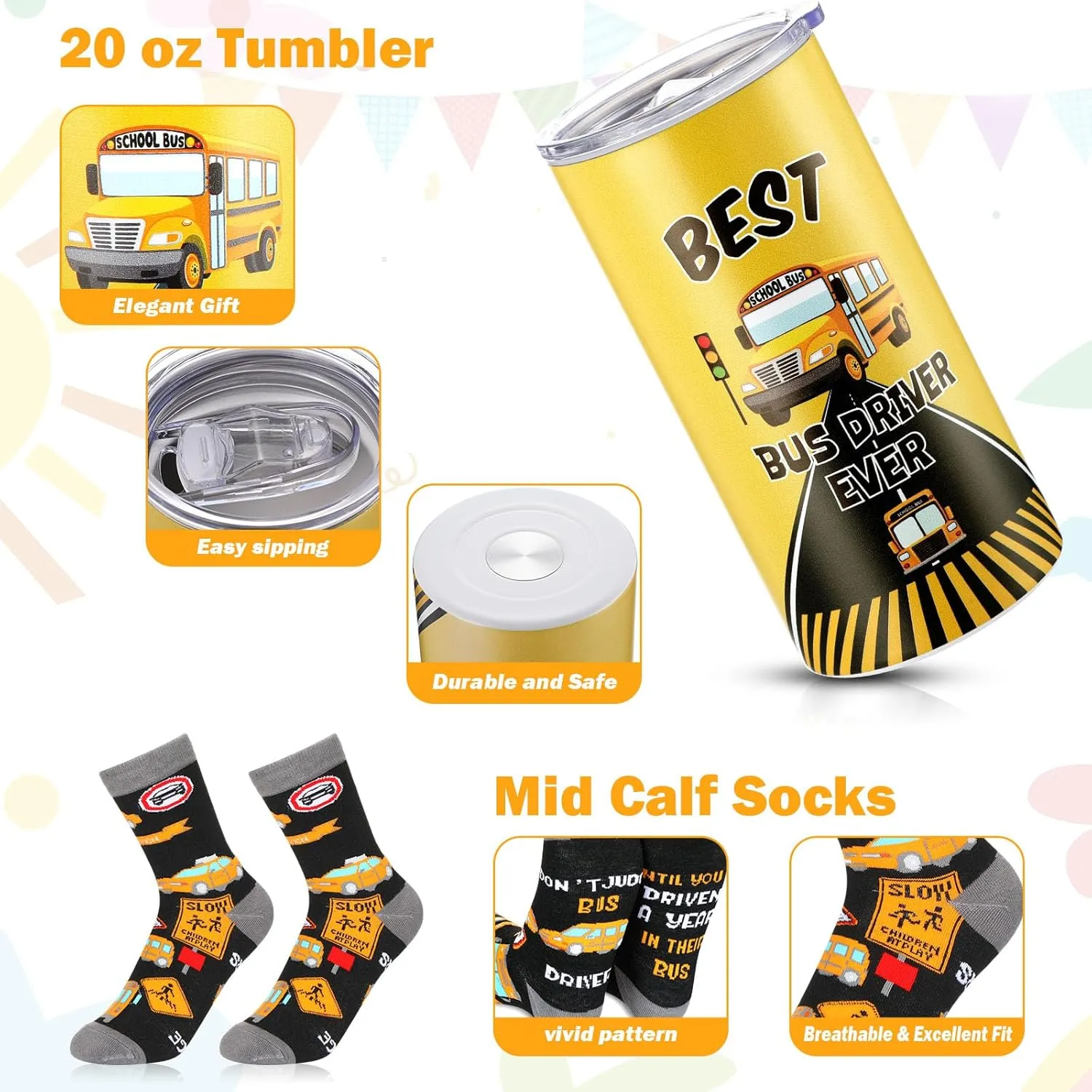 4 Pcs School Bus Driver Gifts Appreciation Gifts for Women Men 12 oz Stainless Steel Bus Driver Tumbler and Lids Funny Canvas Bag Keychain Socks(Black Gray,Normal Tumbler)