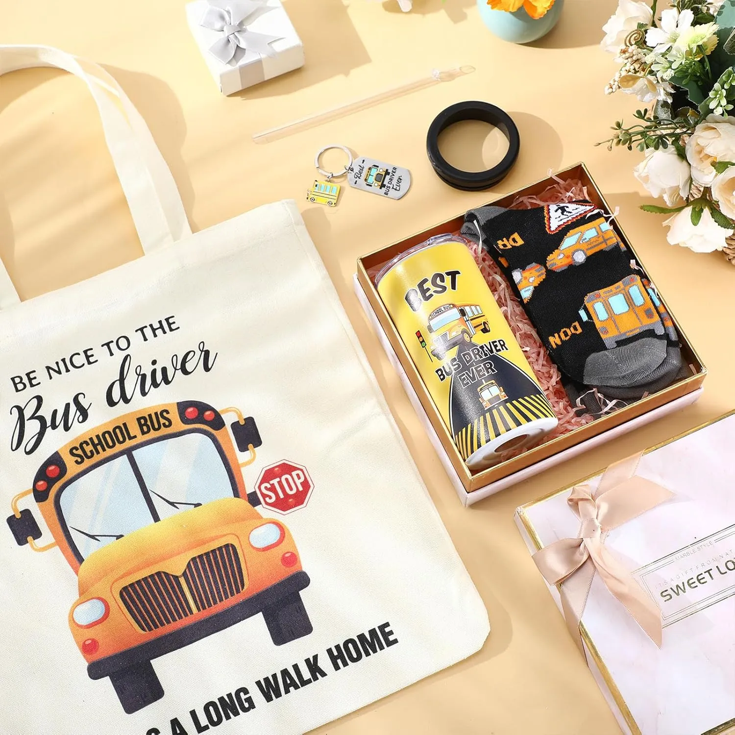 4 Pcs School Bus Driver Gifts Appreciation Gifts for Women Men 12 oz Stainless Steel Bus Driver Tumbler and Lids Funny Canvas Bag Keychain Socks(Black Gray,Normal Tumbler)