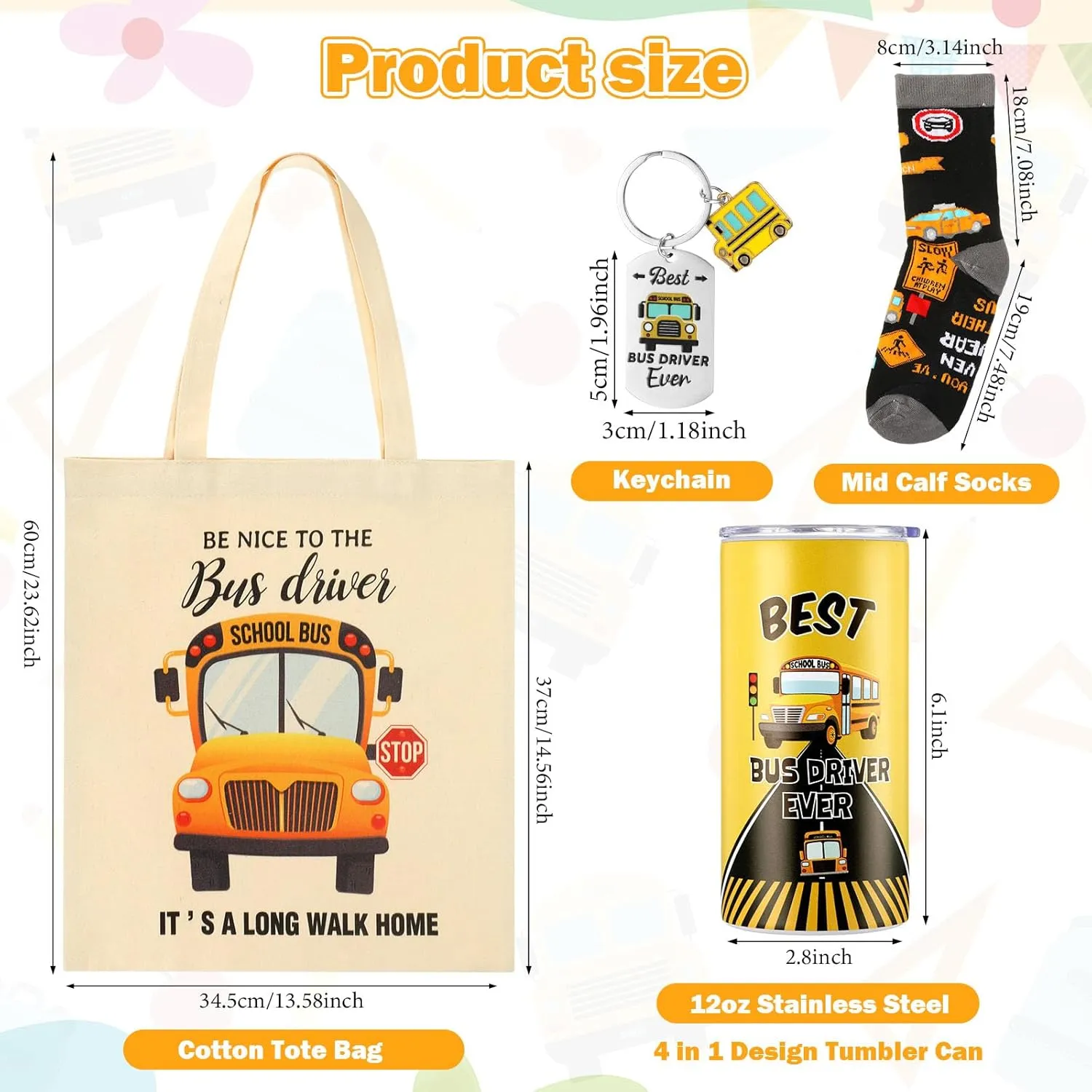 4 Pcs School Bus Driver Gifts Appreciation Gifts for Women Men 12 oz Stainless Steel Bus Driver Tumbler and Lids Funny Canvas Bag Keychain Socks(Black Gray,Normal Tumbler)