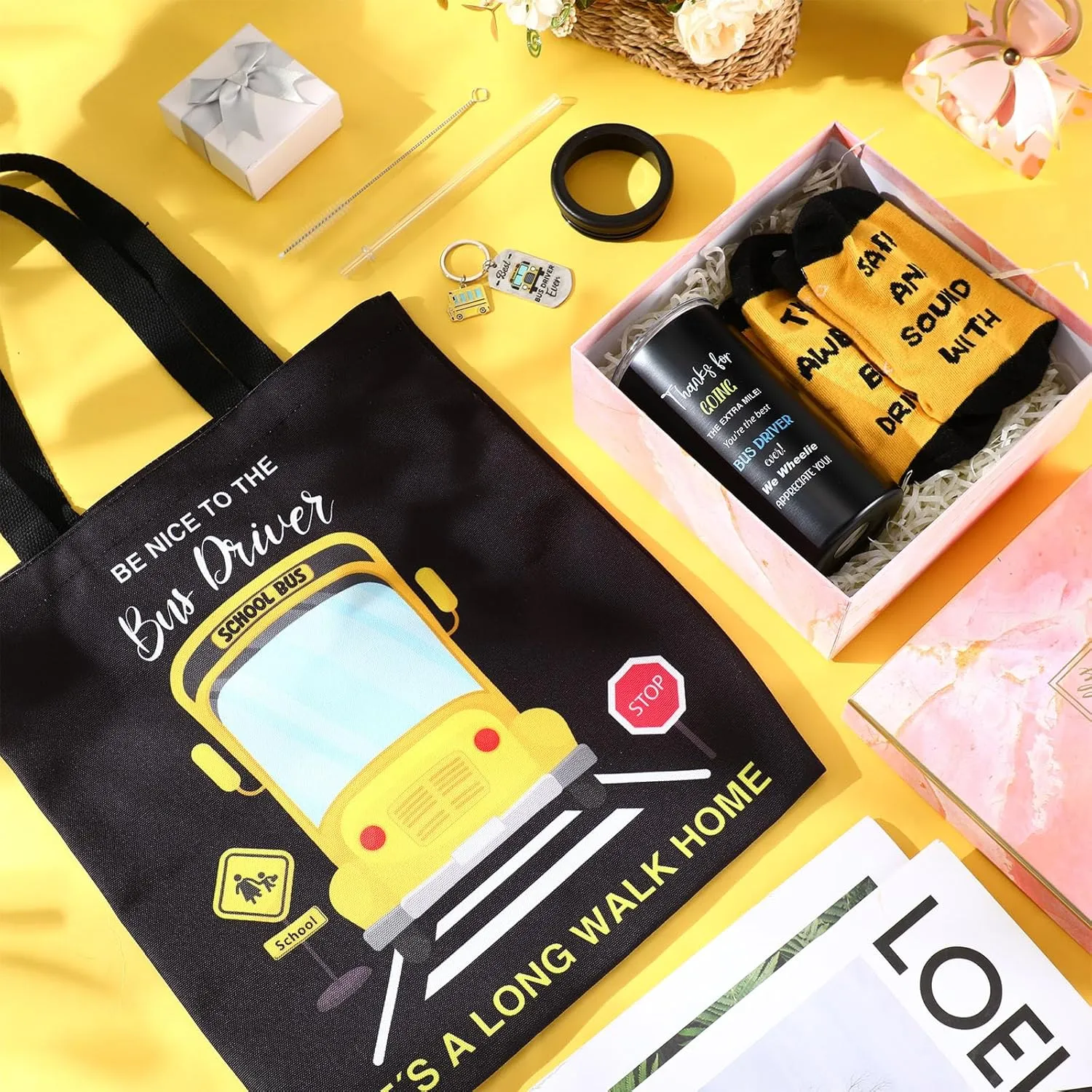 4 Pcs School Bus Driver Gifts Appreciation Gifts for Women Men 12 oz Stainless Steel Bus Driver Tumbler and Lids Funny Canvas Bag Keychain Socks(Yellow Black,Appreciate Tumbler)