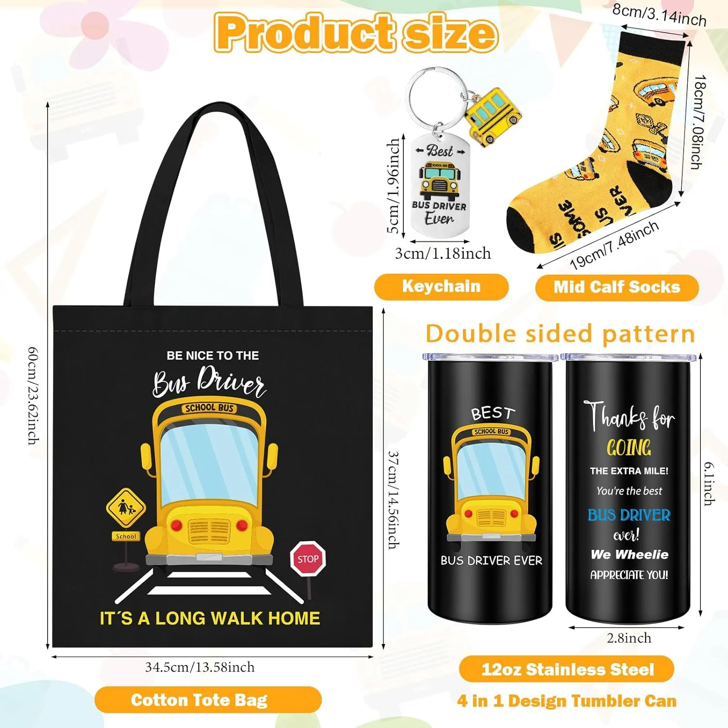 4 Pcs School Bus Driver Gifts Appreciation Gifts for Women Men 12 oz Stainless Steel Bus Driver Tumbler and Lids Funny Canvas Bag Keychain Socks(Yellow Black,Appreciate Tumbler)