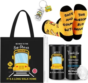 4 Pcs School Bus Driver Gifts Appreciation Gifts for Women Men 12 oz Stainless Steel Bus Driver Tumbler and Lids Funny Canvas Bag Keychain Socks(Yellow Black,Appreciate Tumbler)