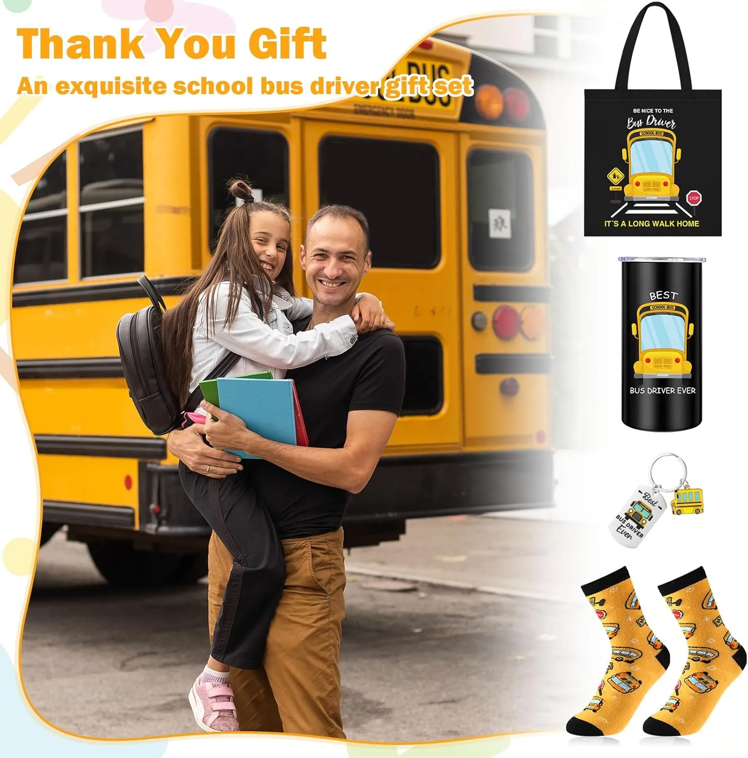 4 Pcs School Bus Driver Gifts Appreciation Gifts for Women Men 12 oz Stainless Steel Bus Driver Tumbler and Lids Funny Canvas Bag Keychain Socks(Yellow Black,Appreciate Tumbler)