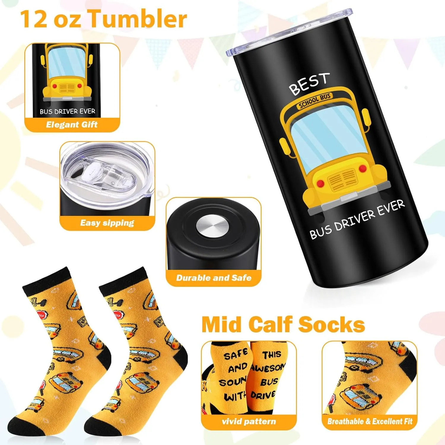 4 Pcs School Bus Driver Gifts Appreciation Gifts for Women Men 12 oz Stainless Steel Bus Driver Tumbler and Lids Funny Canvas Bag Keychain Socks(Yellow Black,Appreciate Tumbler)