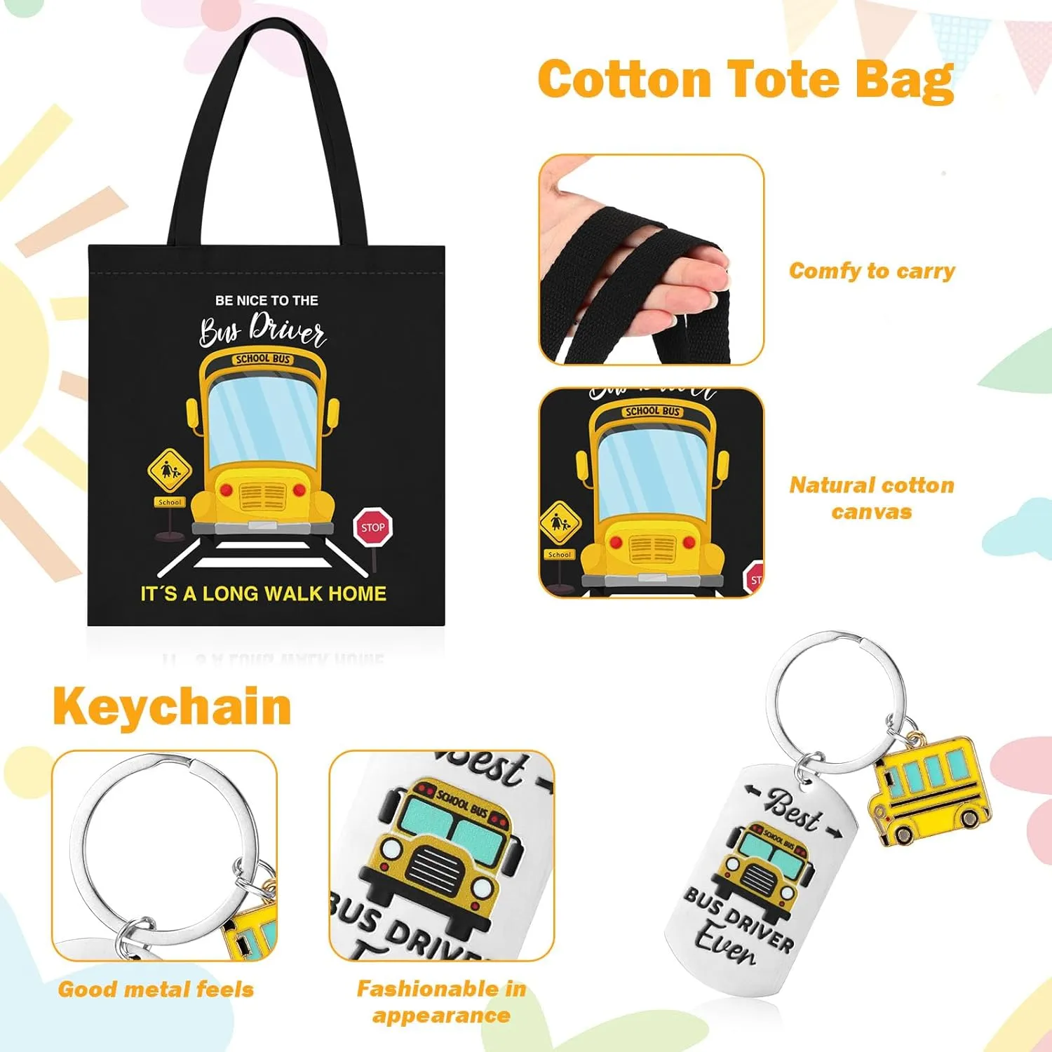 4 Pcs School Bus Driver Gifts Appreciation Gifts for Women Men 12 oz Stainless Steel Bus Driver Tumbler and Lids Funny Canvas Bag Keychain Socks(Yellow Black,Appreciate Tumbler)