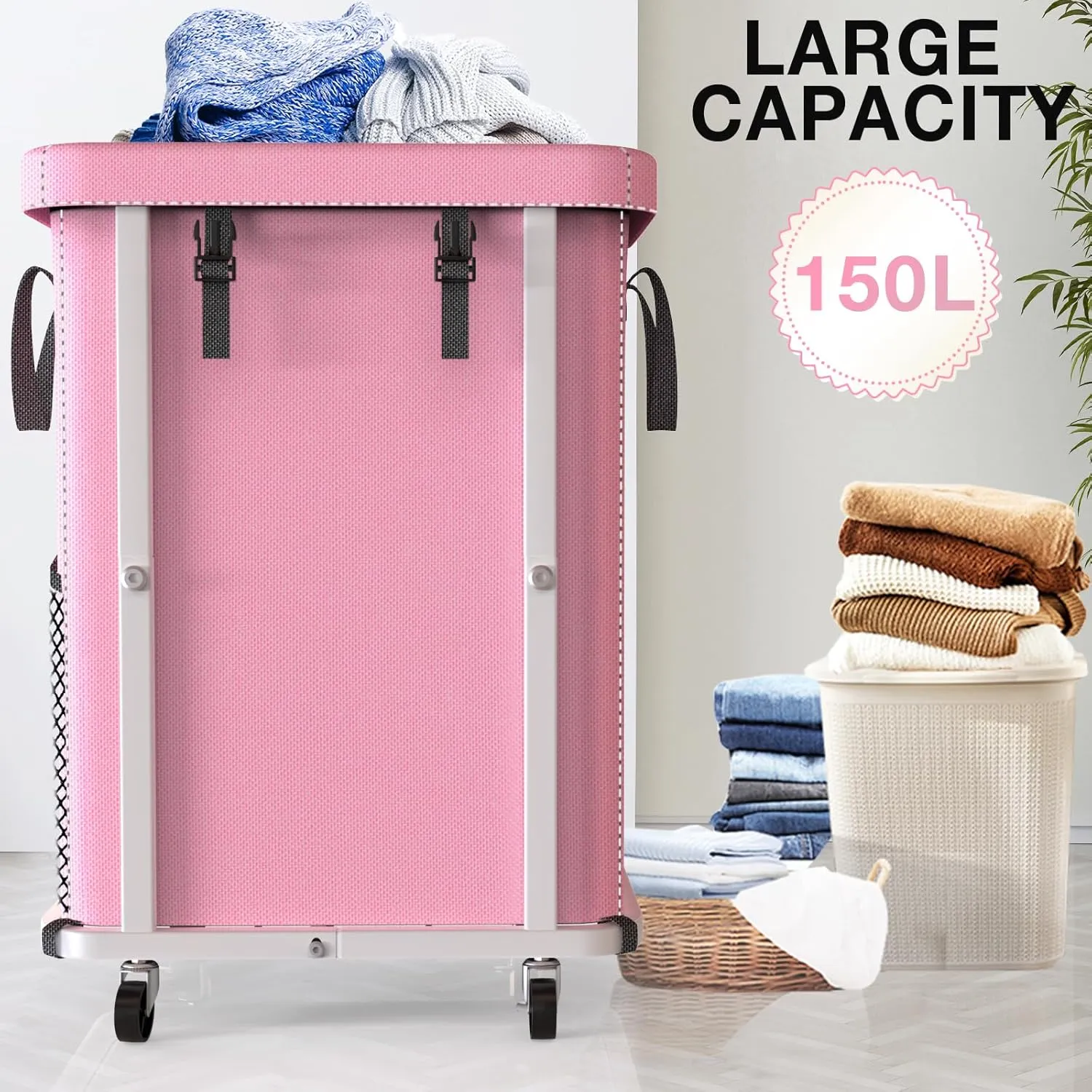 40 Gal(150L) High Grade Large Laundry Basket with Wheels, Rolling Laundry Hamper, Laundry Cart with Metal Frame and Removable Bag Design, Suitable for Laundry Room, Bedroom, Dorm Room (Pink, 150L)