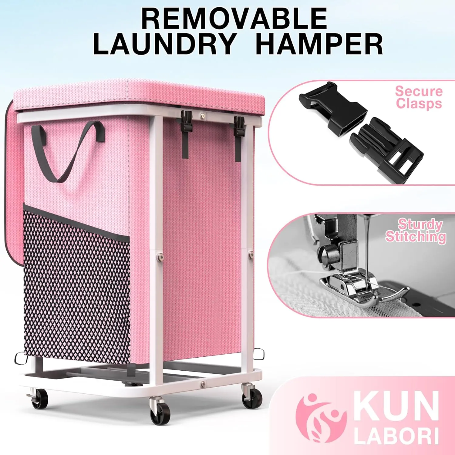 40 Gal(150L) High Grade Large Laundry Basket with Wheels, Rolling Laundry Hamper, Laundry Cart with Metal Frame and Removable Bag Design, Suitable for Laundry Room, Bedroom, Dorm Room (Pink, 150L)