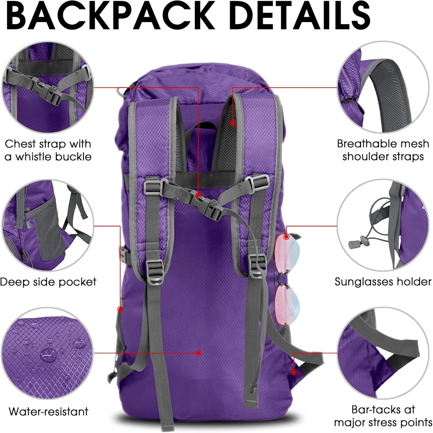 4Monster Portable Hiking Backpack,Lightweight Packable Hiking Daypack,Water Resistant Carry on Backpack for Travel Camping Outdoor (32L, Purple)