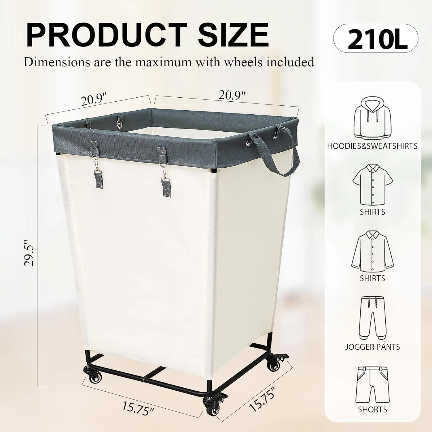 55 Gallons Laundry Basket with Wheels,Rolling Laundry Hamper, 210L Extra Large Laundry Basket, Dirty Clothes Hamper with Removable Liner, Steel Frame with Lid, White