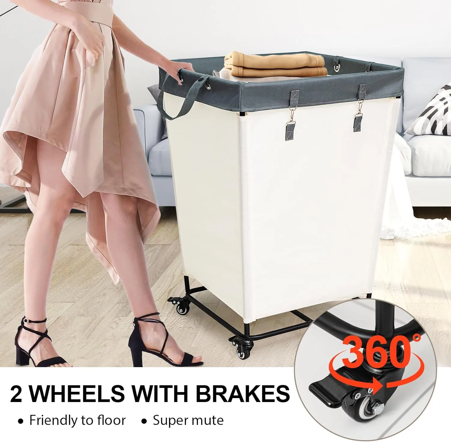 55 Gallons Laundry Basket with Wheels,Rolling Laundry Hamper, 210L Extra Large Laundry Basket, Dirty Clothes Hamper with Removable Liner, Steel Frame with Lid, White