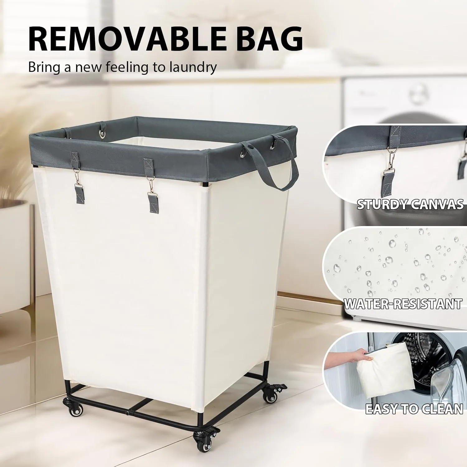 55 Gallons Laundry Basket with Wheels,Rolling Laundry Hamper, 210L Extra Large Laundry Basket, Dirty Clothes Hamper with Removable Liner, Steel Frame with Lid, White