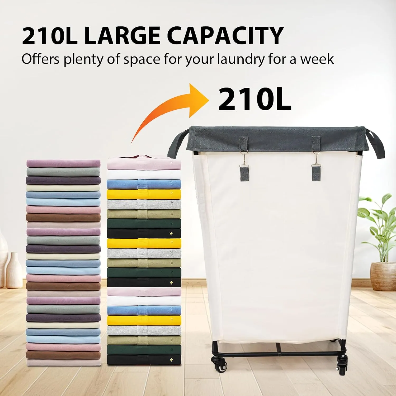 55 Gallons Laundry Basket with Wheels,Rolling Laundry Hamper, 210L Extra Large Laundry Basket, Dirty Clothes Hamper with Removable Liner, Steel Frame with Lid, White