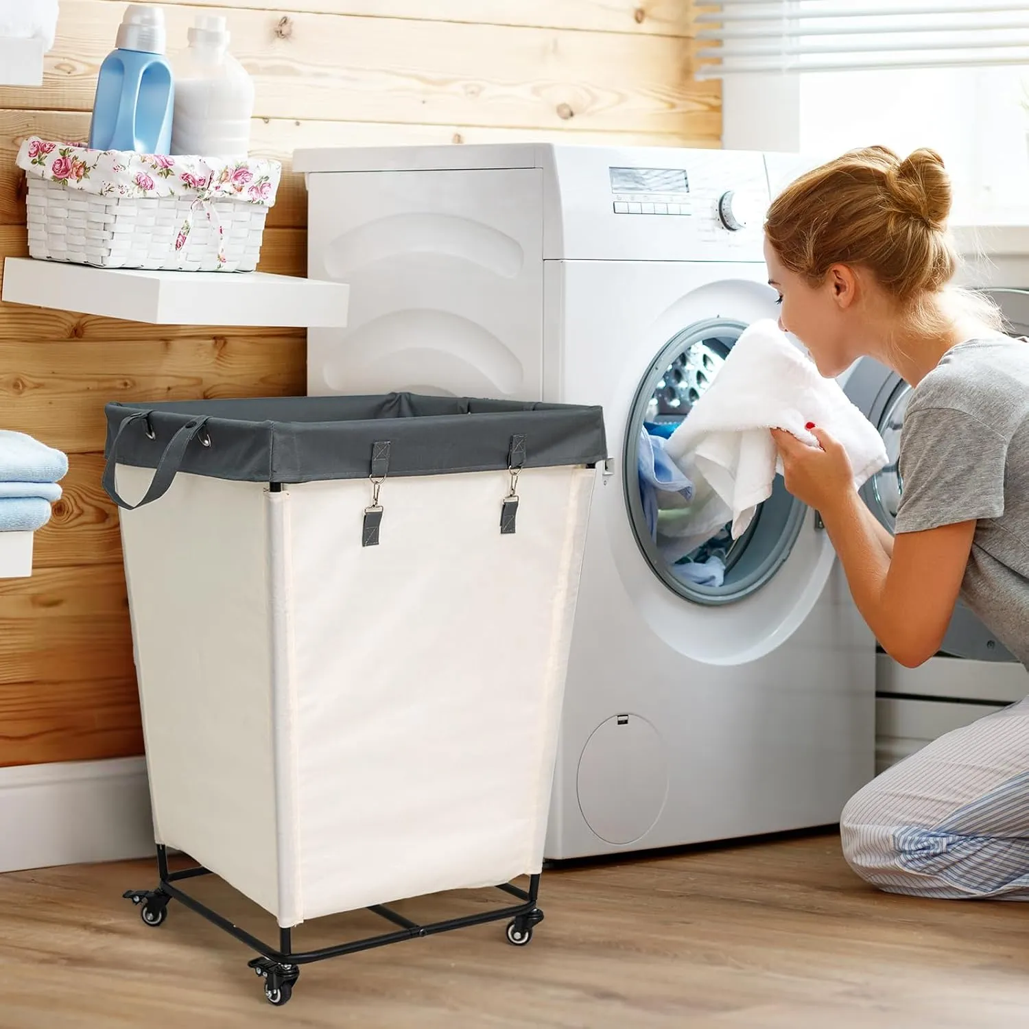 55 Gallons Laundry Basket with Wheels,Rolling Laundry Hamper, 210L Extra Large Laundry Basket, Dirty Clothes Hamper with Removable Liner, Steel Frame with Lid, White
