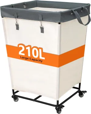55 Gallons Laundry Basket with Wheels,Rolling Laundry Hamper, 210L Extra Large Laundry Basket, Dirty Clothes Hamper with Removable Liner, Steel Frame with Lid, White