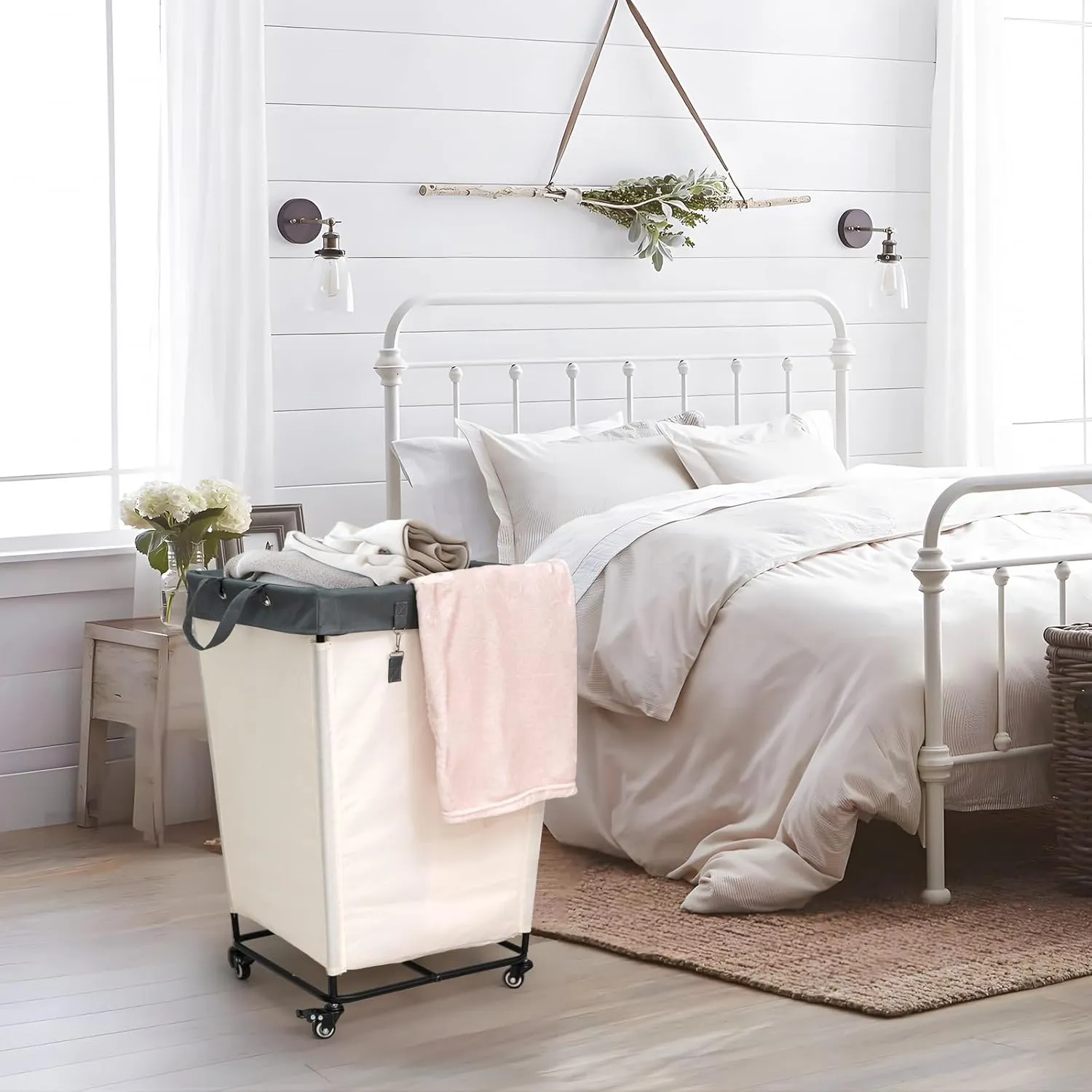 55 Gallons Laundry Basket with Wheels,Rolling Laundry Hamper, 210L Extra Large Laundry Basket, Dirty Clothes Hamper with Removable Liner, Steel Frame with Lid, White