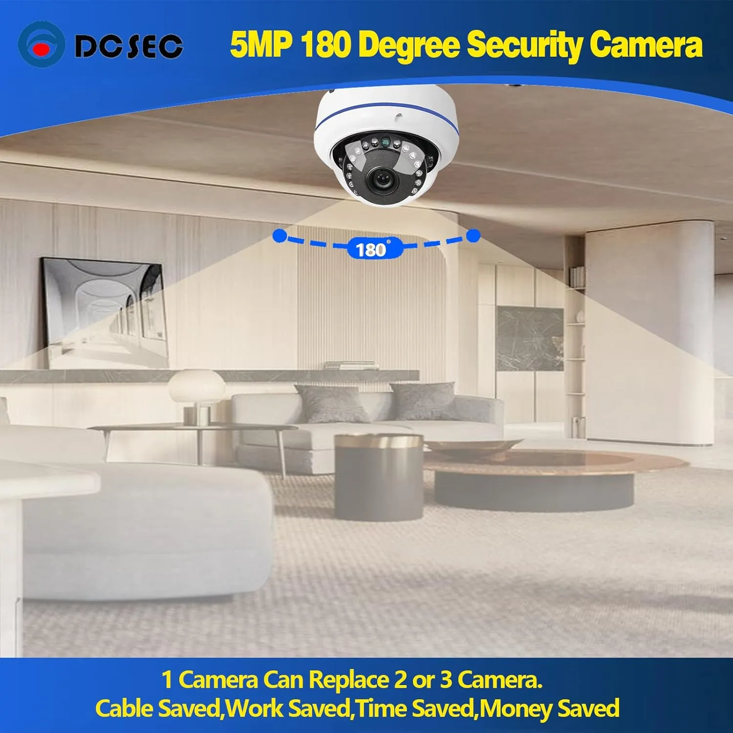 5MP 4MP 180 Degree Wide Angle Dome Security Camera HD-TVI/CVI/AHD/960H Analog 4 in 1 Super Hybrid HD CCTV Surveillance 1.7mm Fisheye Lens Outdoor/Indoor IR Day&Night Vision Home Cam