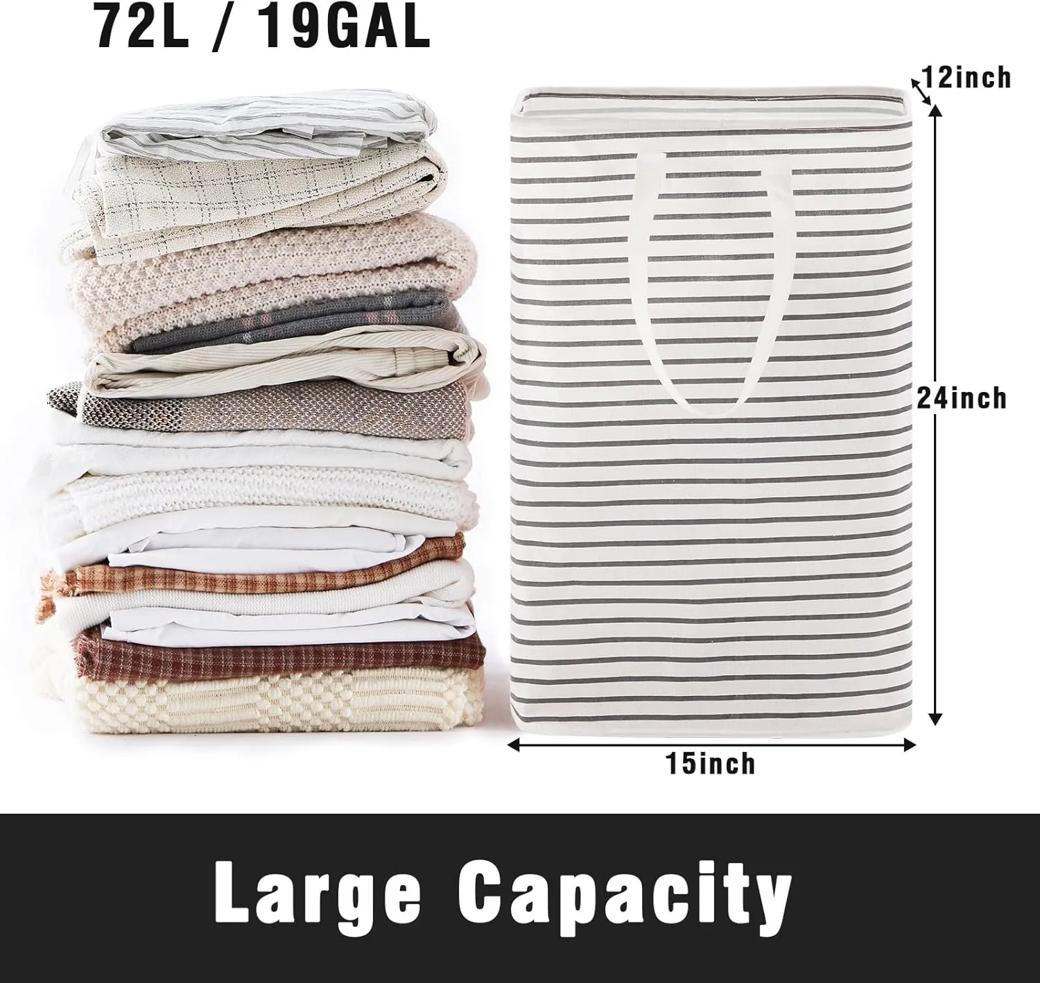 72L Large Collapsible Laundry Basket, Freestanding Clothes Hamper with Easy Carry Long Handles, Waterproof Washing Bag for Bedroom, Bathroom, and Nursery (Grey, 3 Pack)
