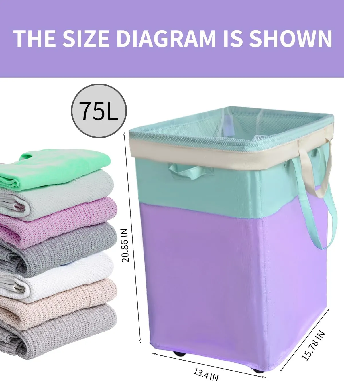 75L Collapsible Tall Laundry Hamper, Laundry Basket with Wheels with Removable Wash Bag Waterproof Clothes Hamper, Narrow Corner Clothes Bins with Handles for Bathroom