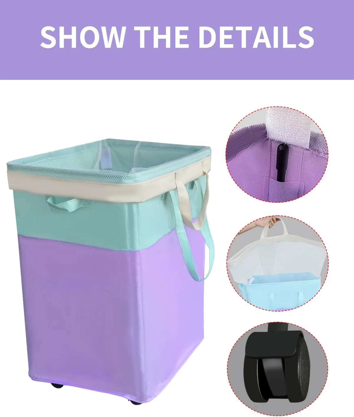 75L Collapsible Tall Laundry Hamper, Laundry Basket with Wheels with Removable Wash Bag Waterproof Clothes Hamper, Narrow Corner Clothes Bins with Handles for Bathroom