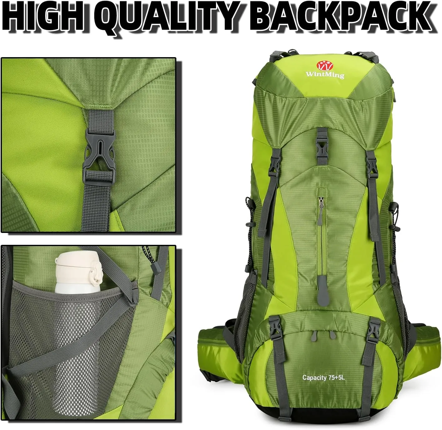75L Hiking Backpack for Men Women Daypack Backpack Outdoor Waterproof Camping Backpack with Rain Cover (Green)