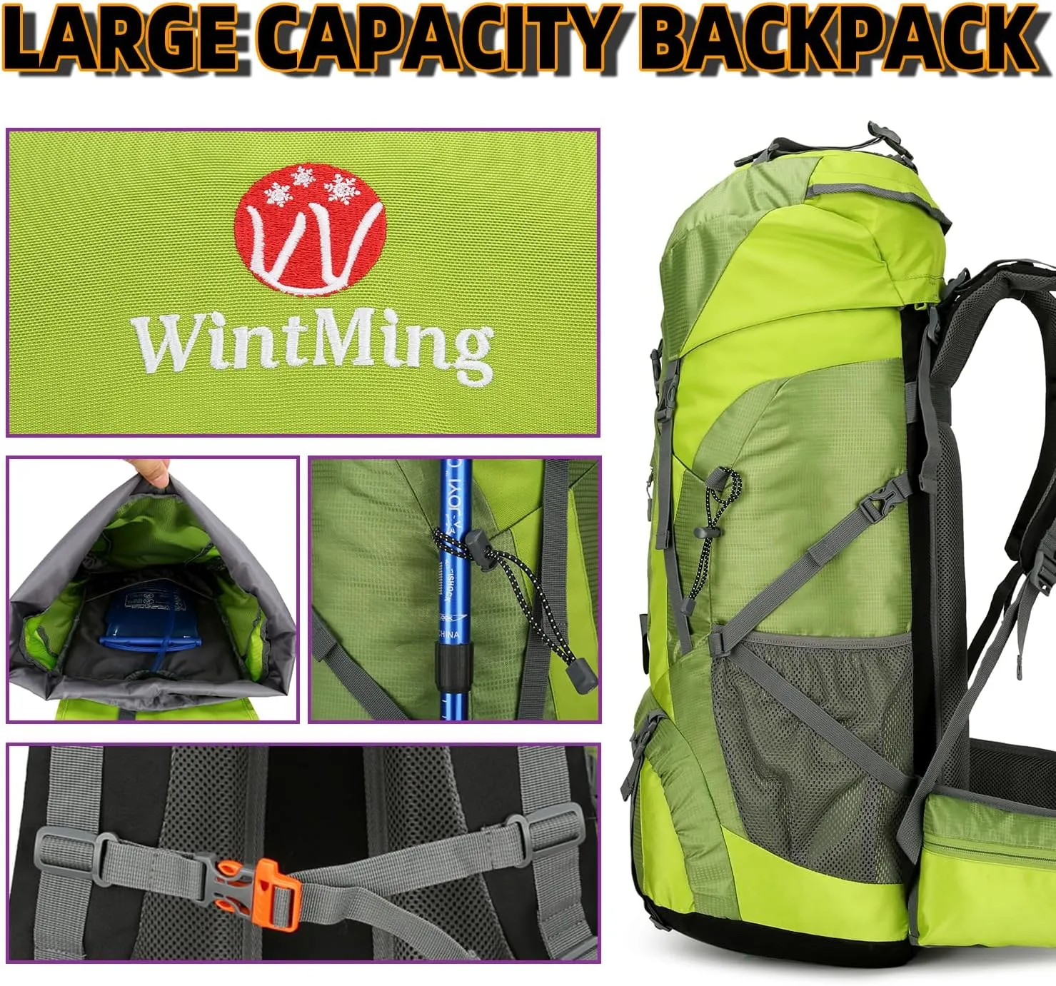 75L Hiking Backpack for Men Women Daypack Backpack Outdoor Waterproof Camping Backpack with Rain Cover (Green)