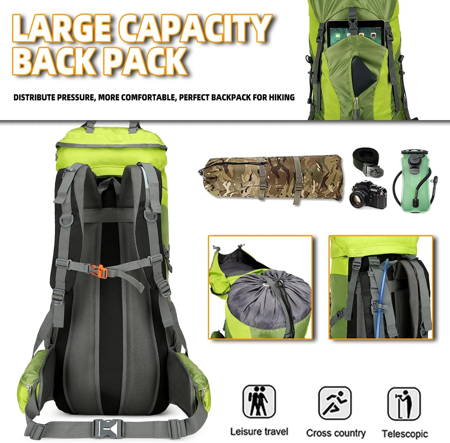 75L Hiking Backpack for Men Women Daypack Backpack Outdoor Waterproof Camping Backpack with Rain Cover (Green)