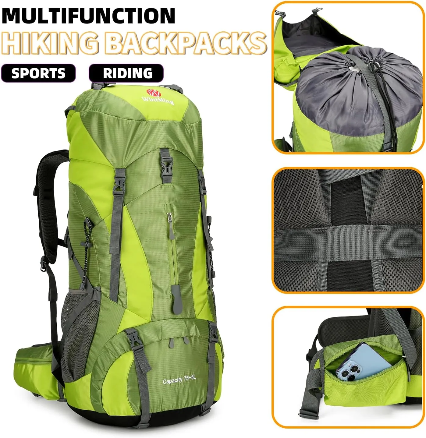 75L Hiking Backpack for Men Women Daypack Backpack Outdoor Waterproof Camping Backpack with Rain Cover (Green)